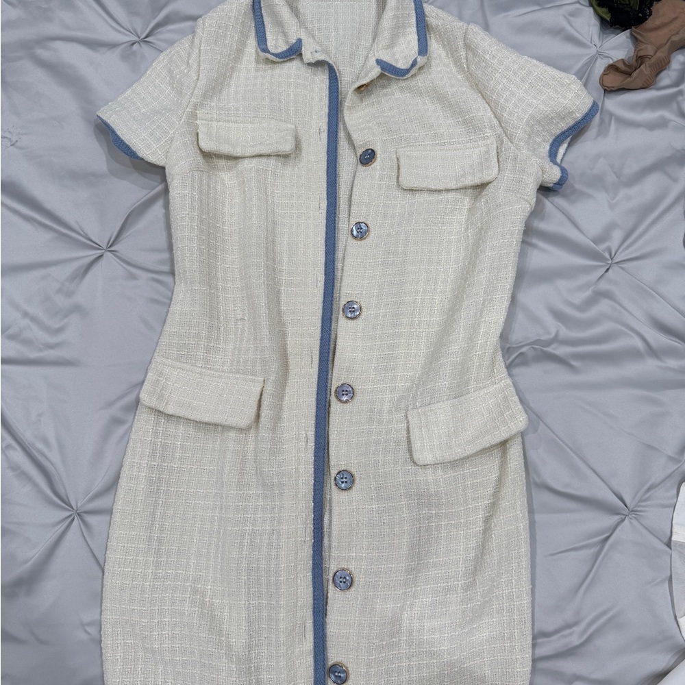 Chic Cream Dress with Blue Trim